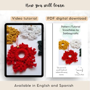 Digital macrame snowflake tutorial with PDF pattern and video instructions, showing how to make the Christmas ornament step by step in English and Spanish.