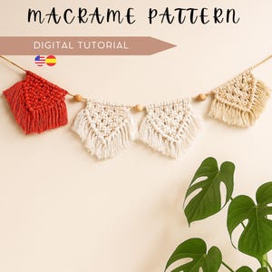 Macraméslingerpatroon downloaden, beginnersvriendelijk bohodecor DIY, stap voor stap macramé-tutorial en video en knoopgids, feestdecoratie.