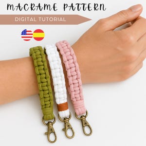 Macramé sleutelhanger polsbandje PDF-patroon, doe-het-zelfstudie voor beginners, stapsgewijze handleiding met video- en knoopgids, eenvoudig handgemaakt knutselproject.