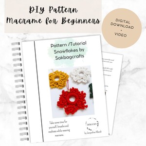 Beginner macrame snowflake pattern with printed PDF instructions, showing the materials and finished red snowflake ornament included in the Christmas DIY tutorial.
