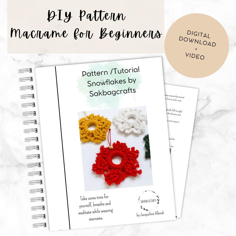 Beginner macrame snowflake pattern with printed PDF instructions, showing the materials and finished red snowflake ornament included in the Christmas DIY tutorial.