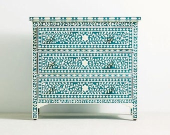 Bone Inlay Spiral Leaf Blue Chest of Drawer,  Bone Inlay Dresser, Bone Inlay Sideboard, Bone Inlay Furniture