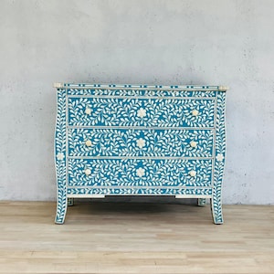 Blue Bone Inlay Chest of Drawer, Bone Inlay Drawer Dresser, Bone Inlay Sideboard, Bone Inlay Furniture, Ready to ship