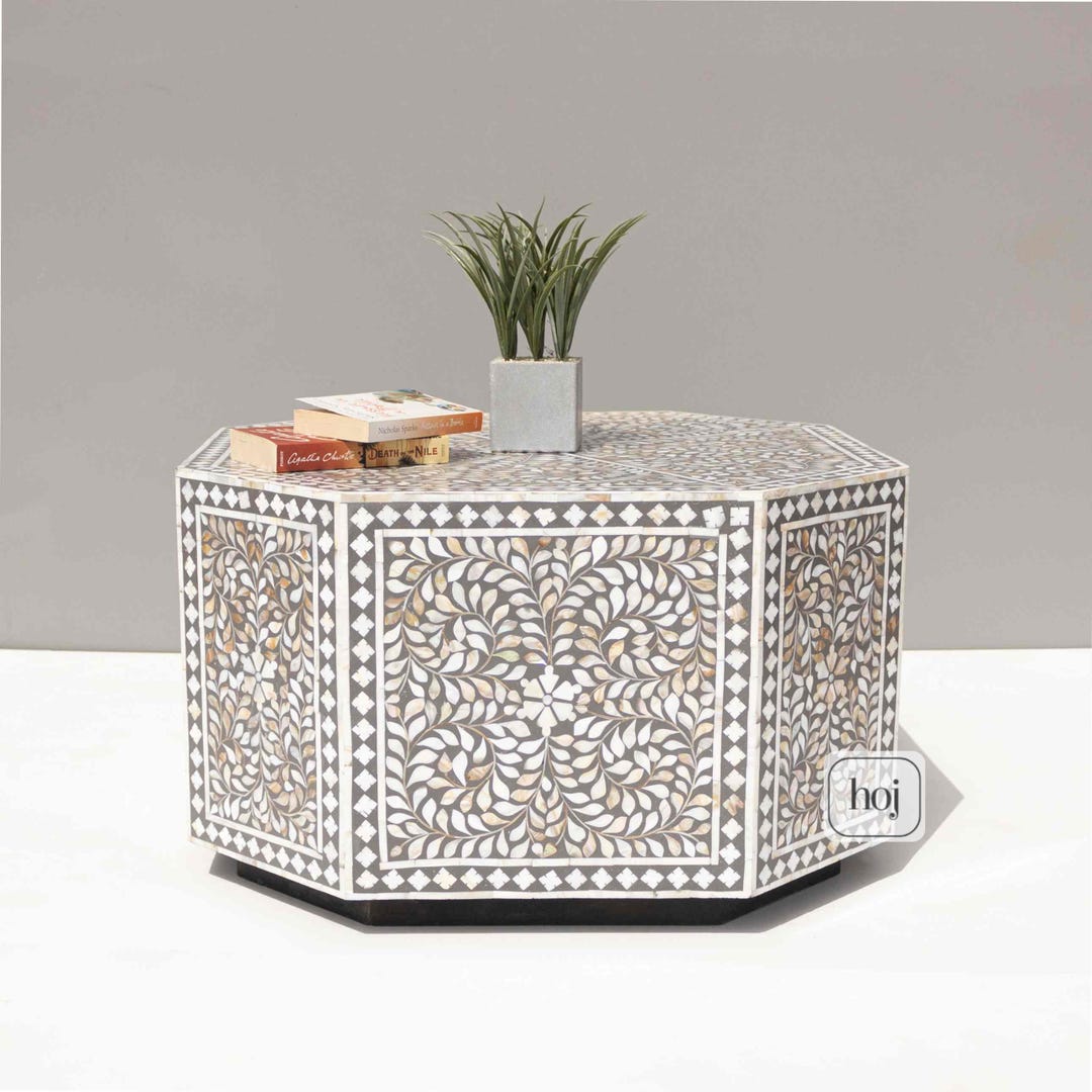 Gray Mother of Pearl Inlay Hexagonal Coffee Table With Painted Base ...
