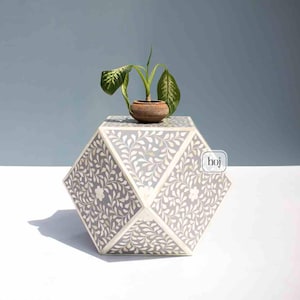 Peut inclure: Une table d'appoint géométrique grise et blanche avec un motif floral. Une petite plante en pot est posée dessus. La table a une forme et un design uniques, parfaits pour un salon ou une chambre. La table mesure environ 46 cm de haut.
