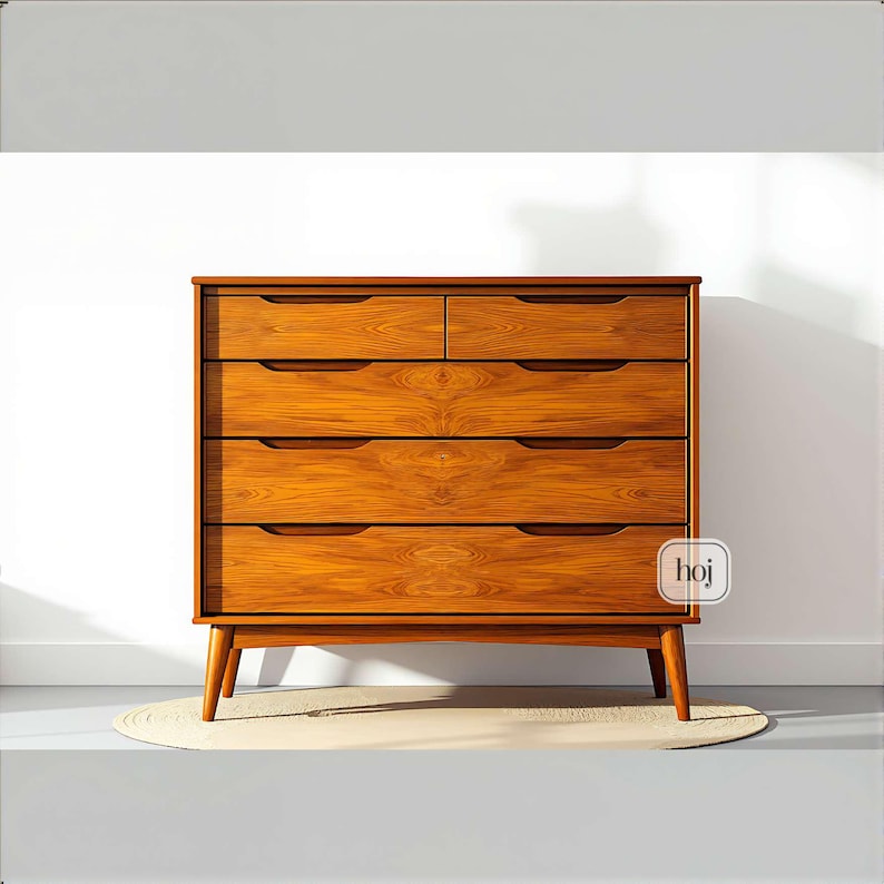 A handcrafted mid-century modern teak wood dresser with spacious drawers, featuring elegant curved drawer fronts and tapered legs. The dresser is made from solid natural teak with rich warm grains, placed in a bright minimalist room with white walls, soft natural light, a framed abstract artwork, two ceramic vases, and a textured white rug on light wood flooring. Modern, Scandinavian, and Japandi-inspired wooden furniture for premium home interiors.