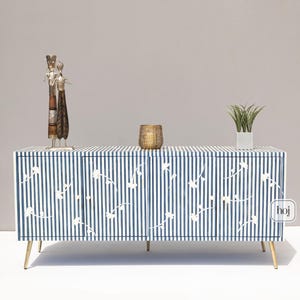 Blue Stripe Bone Inlay Media Console with Floral Pattern, Bone Inlay Media Console, Bone Inlay Artisanal Storage Media Console, Media Unit