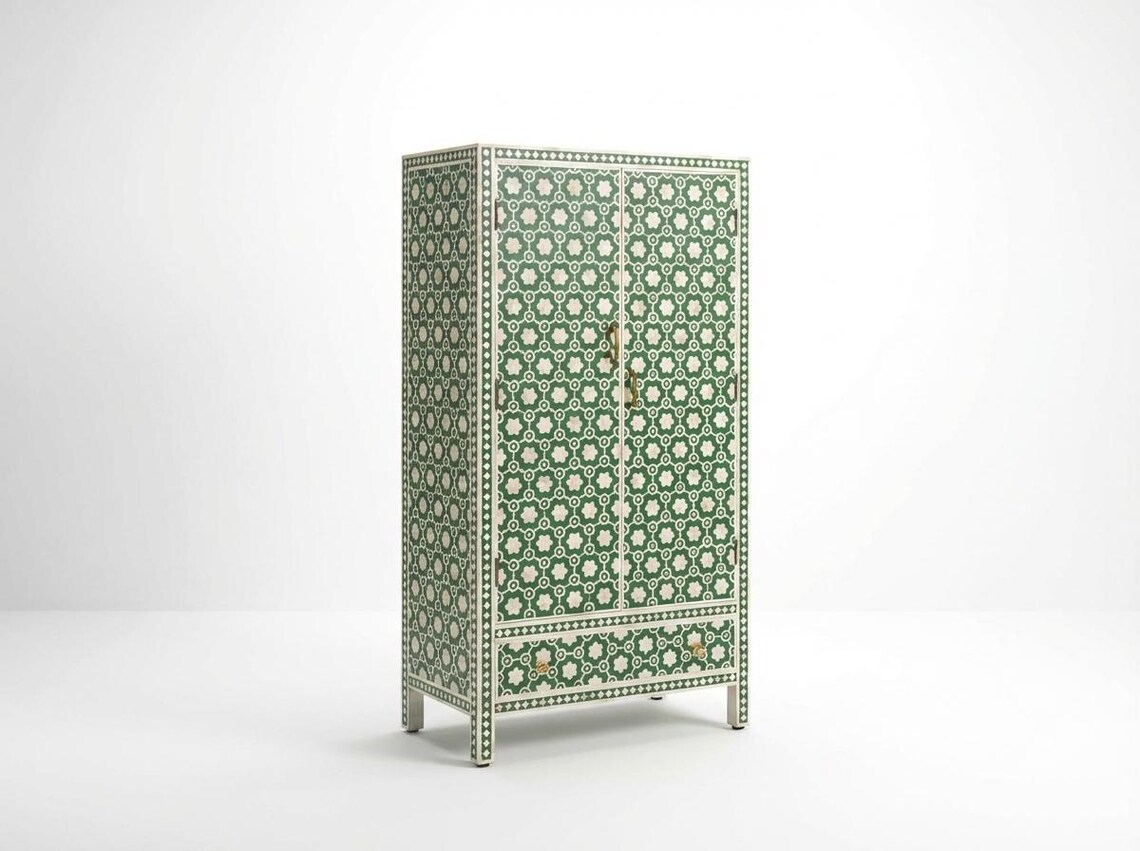 Bone Inlay Bohemian Floral Green Armoire, Bone Inlay Cupboard, Bone ...