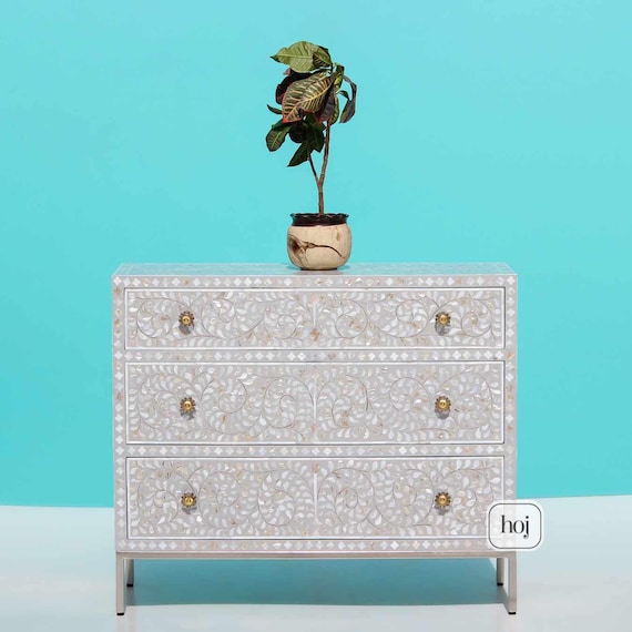 pearl grey dresser Gray Mother of Inlay Dresser, Artisanal Floral Pattern Chest of Drawers, Gray MOP Inlay Chest, Boho Gray MOP with Vine Motifs New Yellow