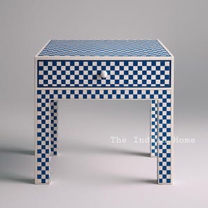 Classic Blue Checkered Bone Inlay Side Table with Storage, Bedside, Nightstand, Bone Inlay Furniture India,