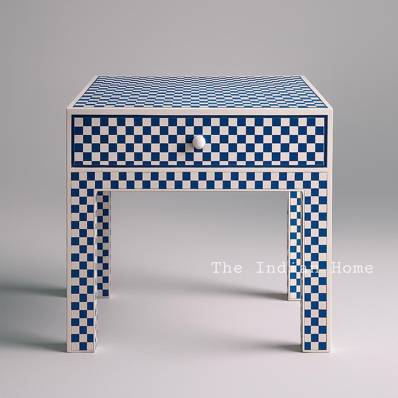 Classic Blue Checkered Bone Inlay Side Table With Storage, Bedside ...