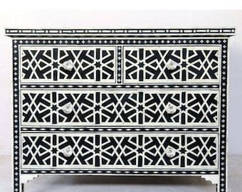 Bone Inlay Chest of Drawer, Bone Inlay Four Drawer Dresser Black Bone Inlay Sideboard, Bone Inlay Furniture