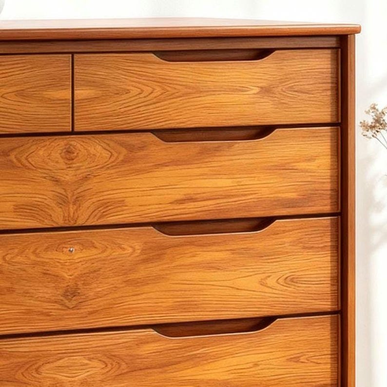 A handcrafted mid-century modern teak wood dresser with spacious drawers, featuring elegant curved drawer fronts and tapered legs. The dresser is made from solid natural teak with rich warm grains, placed in a bright minimalist room with white walls, soft natural light, a framed abstract artwork, two ceramic vases, and a textured white rug on light wood flooring. Modern, Scandinavian, and Japandi-inspired wooden furniture for premium home interiors.