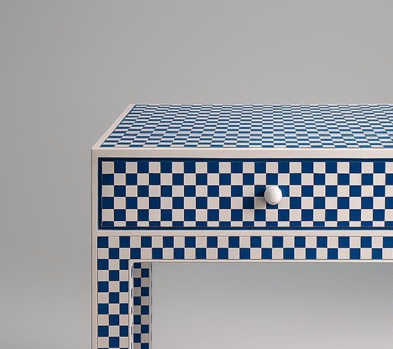 Classic Blue Checkered Bone Inlay Side Table With Storage, Bedside ...