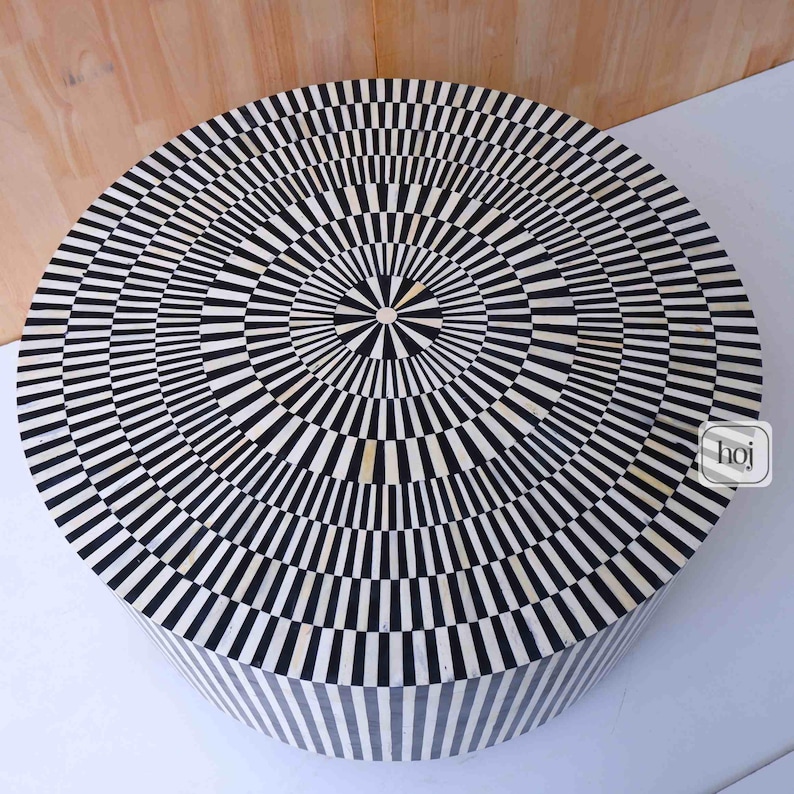 Black and White Striped Round Bone Inlay Coffee Table With Optical Art ...