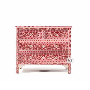 Cómoda de cuatro cajones con incrustaciones de nácar rosa, cómoda con incrustaciones de nácar rosa, muebles con incrustaciones de nácar