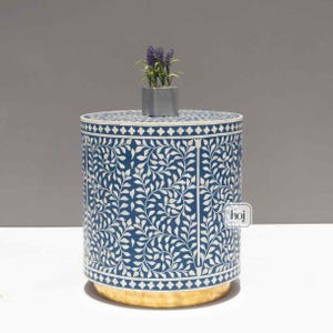 Vines Navy Bone Inlay End Table, Bone Inlay Navy Table, Drum Shape End Table, Bone Inlay Furniture, Round End Table