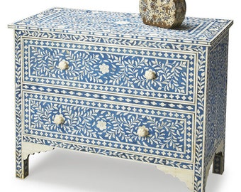 Bone Inlay Ladekast, Bone Inlay Dressoir, Bone Inlay Twee Lade Dressoir Blauw, Bone Inleg Meubels