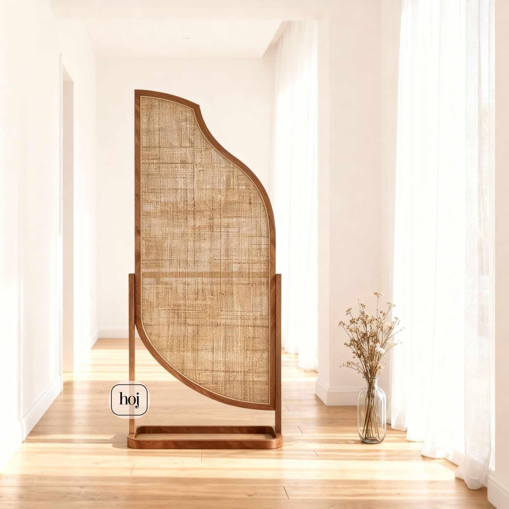 Curved Solidwood and Cane Room Divider, Modern Japandi Privacy Screen ...