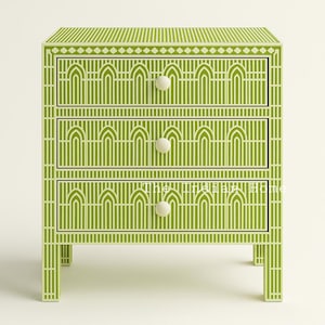 Groene kast met inleg van beenderen, dressoir met inleg van beenderen, meubels met inleg van beenderen, ladekast met inleg van beenderen, groen