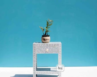 Gray Floral Bone Inlay Side Table with Storage, Bedside Table, Bone Inlay Nightstand with drawer and shelf, Bone Inlay Furniture