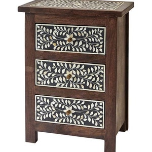 Solidwood Bone Inlay Side Table with three drawers, Bedside Table, Bone Inlay Nightstand, Bone Inlay Furniture, Bone Inlay Bedside Table