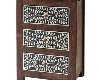 Solidwood Bone Inlay Side Table with three drawers, Bedside Table, Bone Inlay Nightstand, Bone Inlay Furniture, Bone Inlay Bedside Table