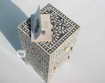 Gray Floral Bone Inlay Side Table with Storage, Bedside Table, Bone Inlay Nightstand with drawer, Bone Inlay Furniture
