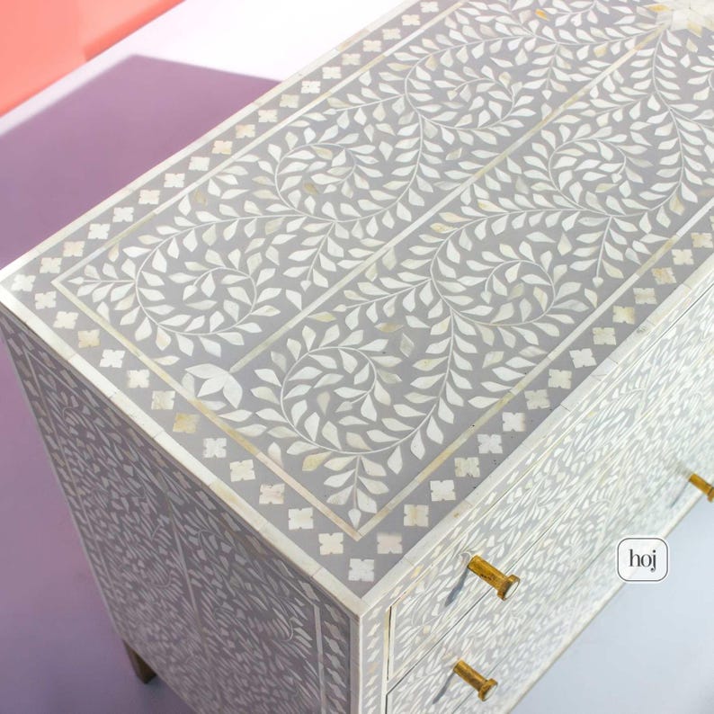 Modern Bone Inlay Gray Bone Inlay Six Drawer Dresser, Handcrafted 6 Drawer Chest of ...