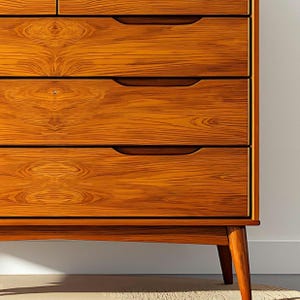 A handcrafted mid-century modern teak wood dresser with spacious drawers, featuring elegant curved drawer fronts and tapered legs. The dresser is made from solid natural teak with rich warm grains, placed in a bright minimalist room with white walls, soft natural light, a framed abstract artwork, two ceramic vases, and a textured white rug on light wood flooring. Modern, Scandinavian, and Japandi-inspired wooden furniture for premium home interiors.