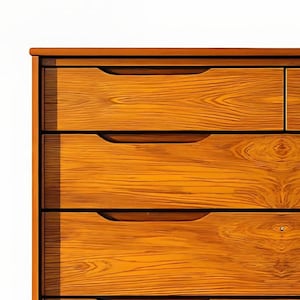 A handcrafted mid-century modern teak wood dresser with spacious drawers, featuring elegant curved drawer fronts and tapered legs. The dresser is made from solid natural teak with rich warm grains, placed in a bright minimalist room with white walls, soft natural light, a framed abstract artwork, two ceramic vases, and a textured white rug on light wood flooring. Modern, Scandinavian, and Japandi-inspired wooden furniture for premium home interiors.