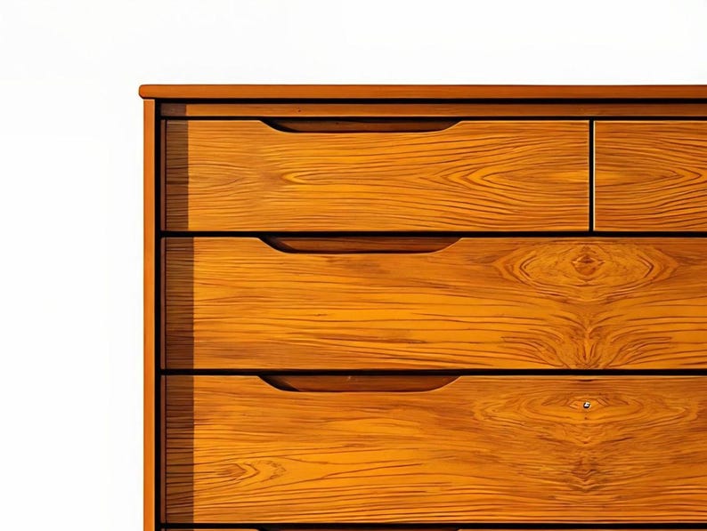 A handcrafted mid-century modern teak wood dresser with spacious drawers, featuring elegant curved drawer fronts and tapered legs. The dresser is made from solid natural teak with rich warm grains, placed in a bright minimalist room with white walls, soft natural light, a framed abstract artwork, two ceramic vases, and a textured white rug on light wood flooring. Modern, Scandinavian, and Japandi-inspired wooden furniture for premium home interiors.