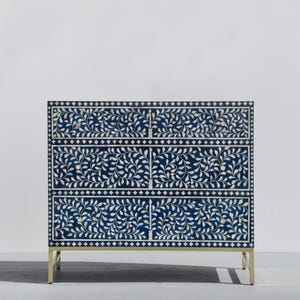 Bone Inlay Chest of Drawer Navy, Bone Inlay Dresser, Bone Inlay Sideboard, Bone Inlay Furniture, Vines Bone Inlay Chest