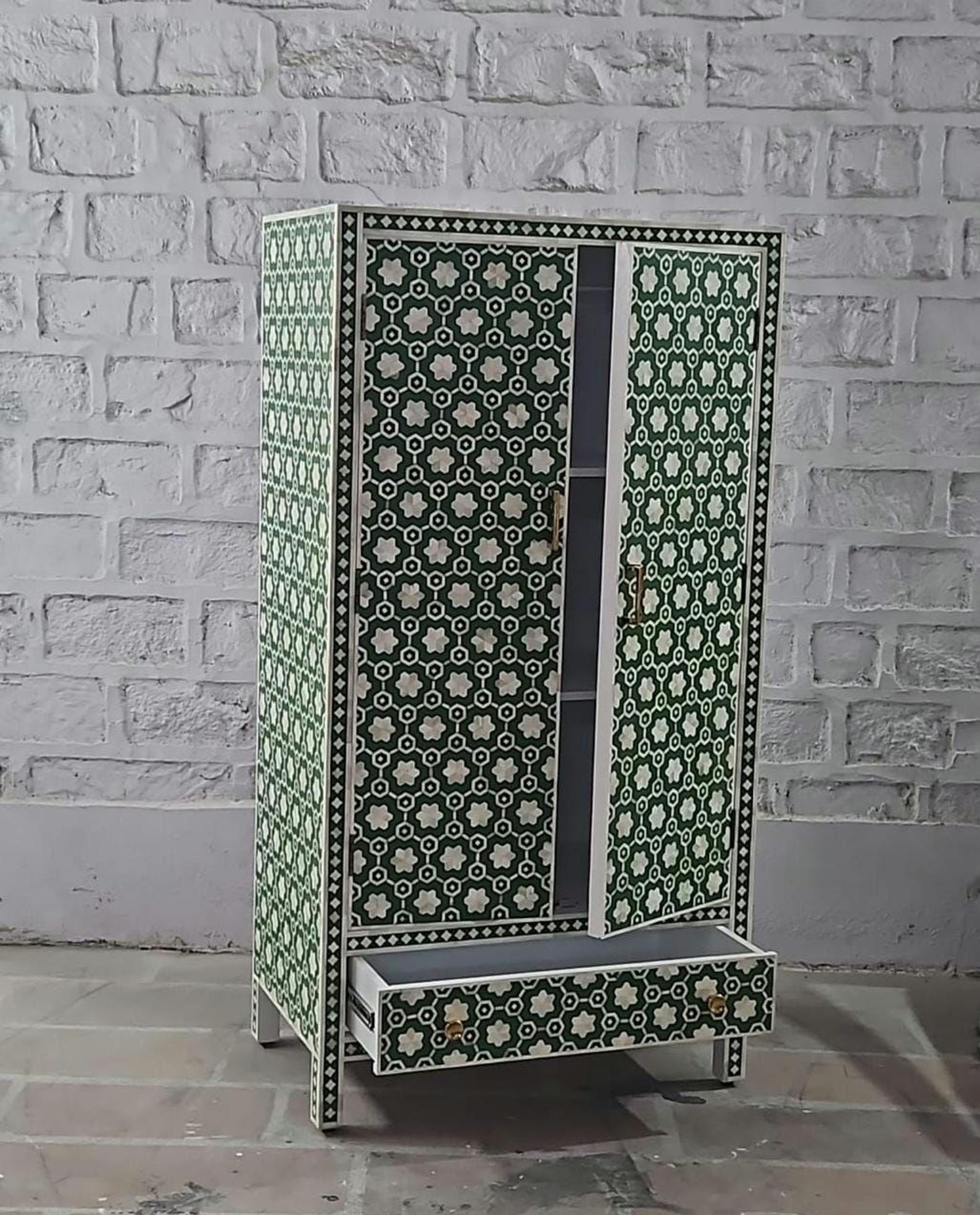 Bone Inlay Bohemian Floral Green Armoire, Bone Inlay Cupboard, Bone ...