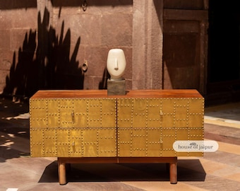 Handcrafted Brass 4 Drawer Dresser, Brass Dresser with Rivet Detailing, Brass Cladded Chest Of Drawer