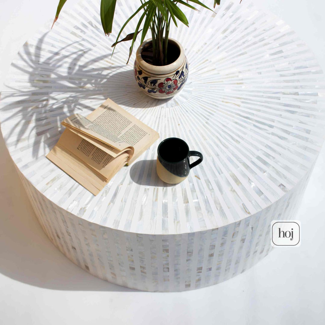 White Mother of Pearl Inlay Round Coffee Table, MOP Inlay Table, MOP ...