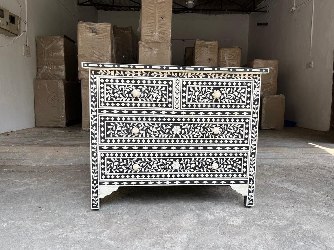 Bone Inlay Chest of Drawer, Bone Inlay Four Drawer Dresser Black Bone ...