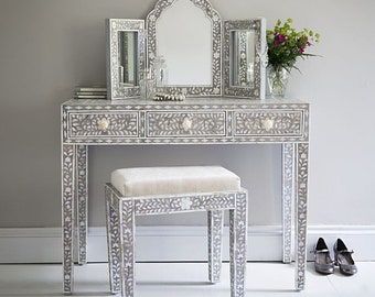 Mother of Pearl Inlay Grey Vanity Console with Mirror and Stool, MOP Inlay Dressing Table, Mother of Pearl Inlay Furniture