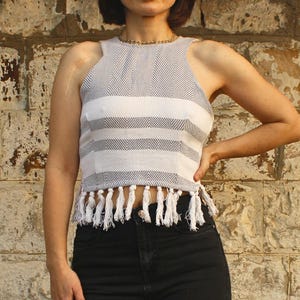 The Shamanic Winter Top (Grey/White) | Boho Hippie Women&#39;s Top | Handmade in Pure Cotton | Beach, Party, Casual, Sunset, & Summer Top