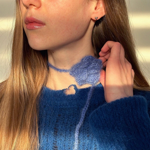 Y2K Rose Choker - Fluffy Mohair Necklace, Blue Rose Jewelry, Knit Accessory