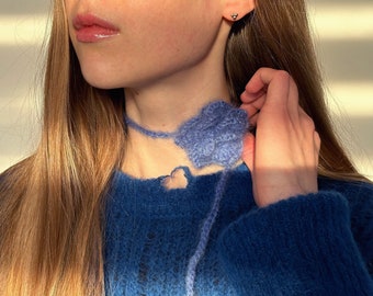 Mohair Rose Choker, Blue Rose Crochet Scarf, Y2K Trend, Mohair Scarf, Flower Scarf