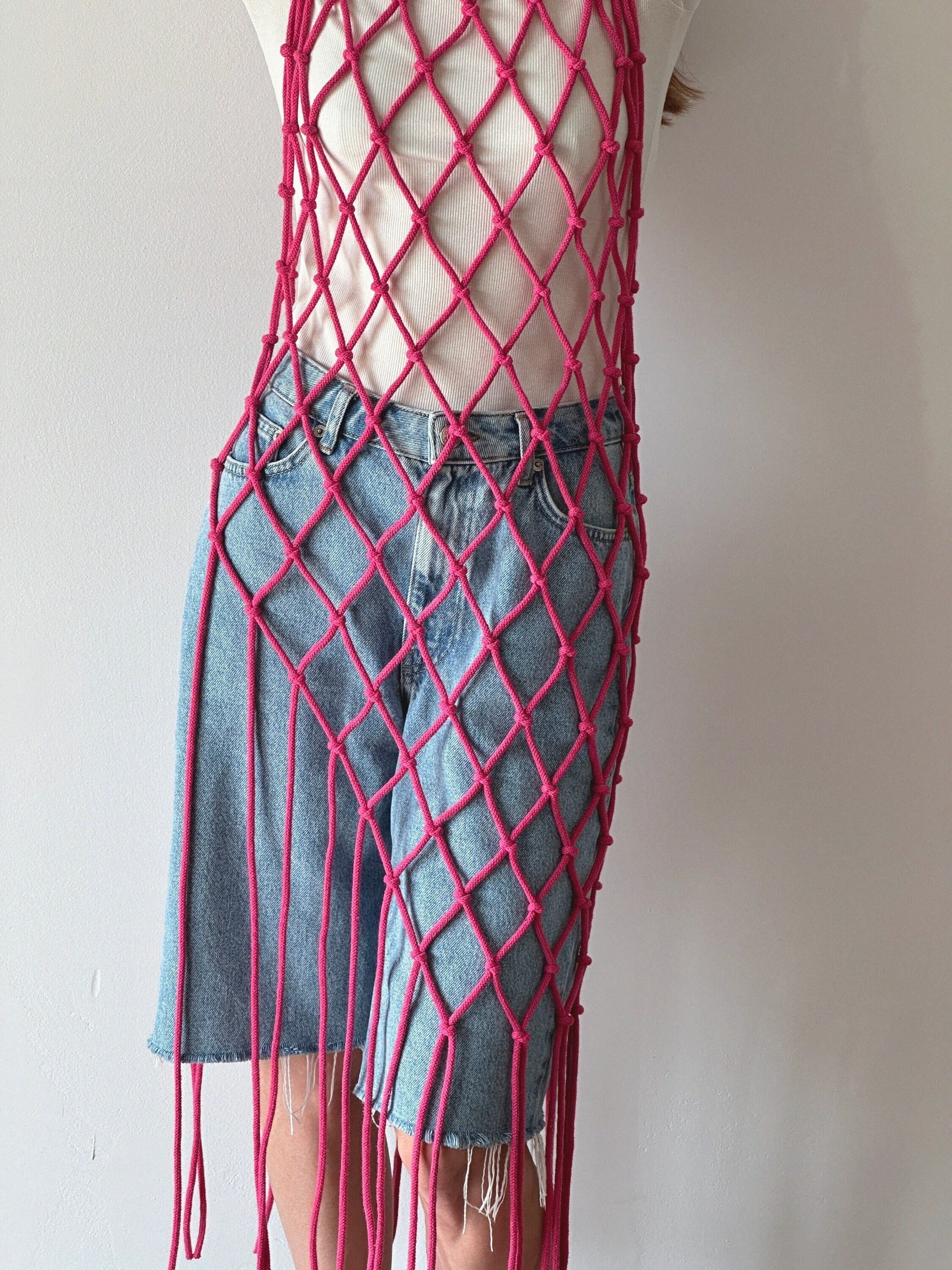 Macrame Fishnet Beach Event Dress: Cotton Rave Festival Outfit, Mesh Dress