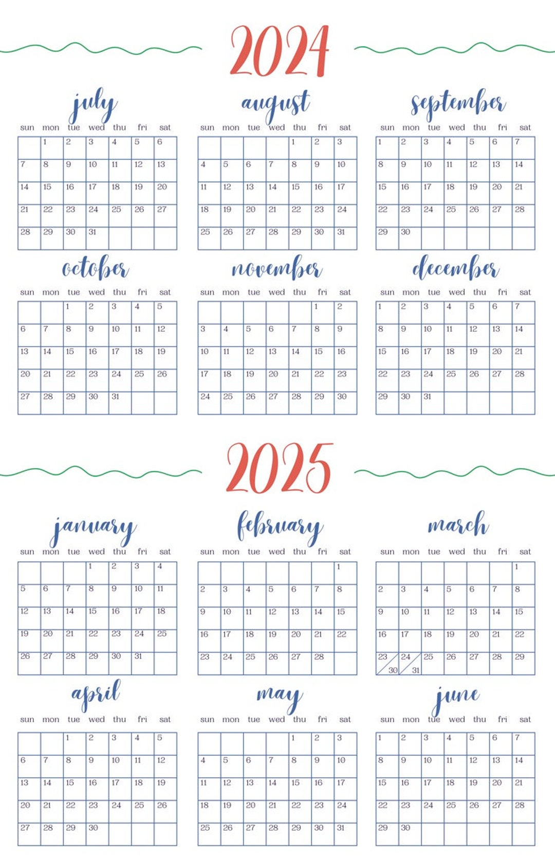 Simple 11 X 17 Printable Split Year Calendar With Blue and Coral Red Colors. July 2024 June 2025