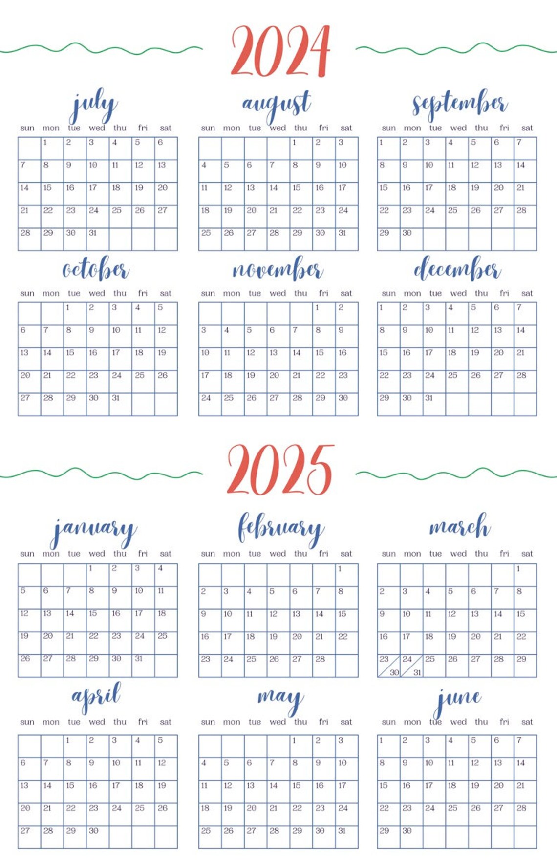 Simple 11 X 17 Printable Split Year Calendar With Blue and Coral Red