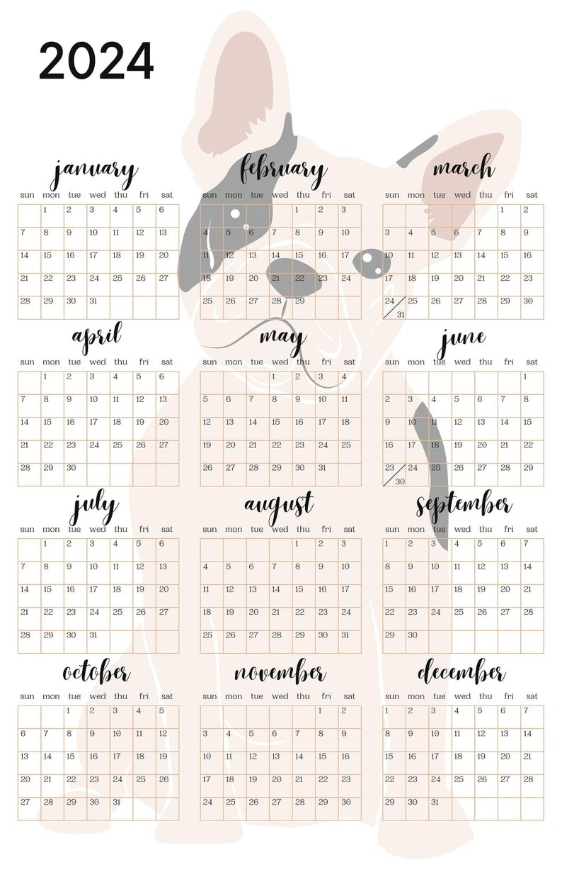 Frenchie 2024 Annual Wall Calendar Year at a Glance 11 X 17 Etsy