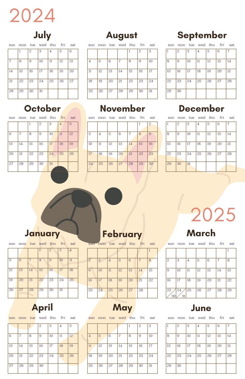Frenchie Split Year 20242025 Printable Annual Wall Calendar Year at a