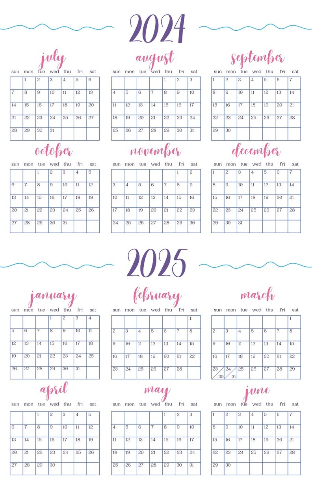 11 X 17 Printable Calendar Pink and Purple. July 2024 June 2025, One Year Ataglance. Etsy