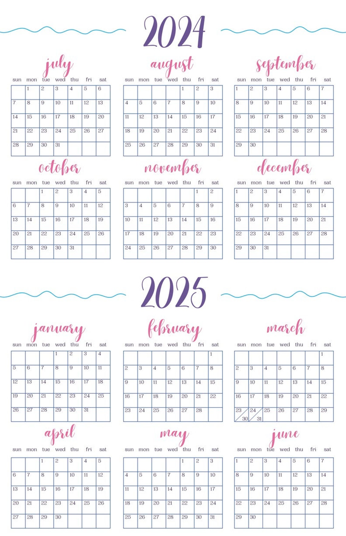 11 X 17 Printable Calendar Pink and Purple. July 2024 June 2025, One ...