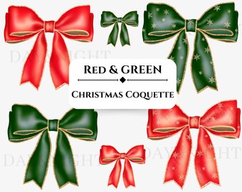 Christmas Bow Clipart: Red & Green Holiday PNG (Digital Download)
