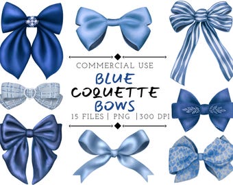 Blue Coquette Bow PNG-clipart, handgetekende illustraties (digitale download)